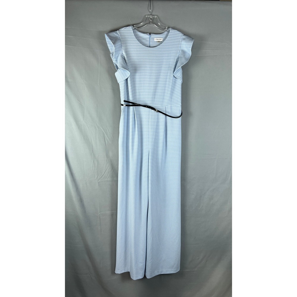 Calvin Klein Jumpsuit Womens 14 Blue Gingham Pleated Ruffled Cap Sleeve Wide Leg